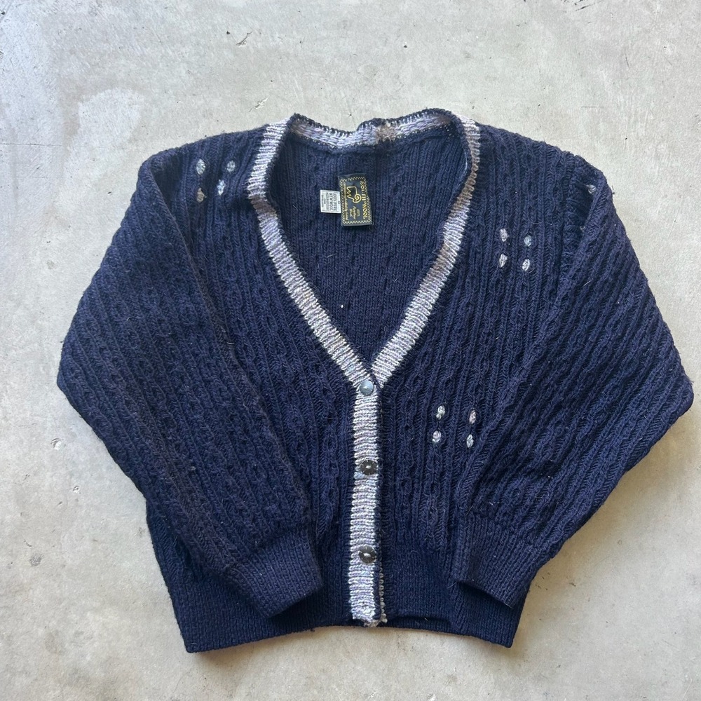South Wool Navy Blue Hand Knitted Pure Wool Cable Knit Cardigan Sweater Medium